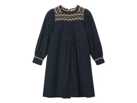 Girls Navy Dots Embroidered Dress Online Sale